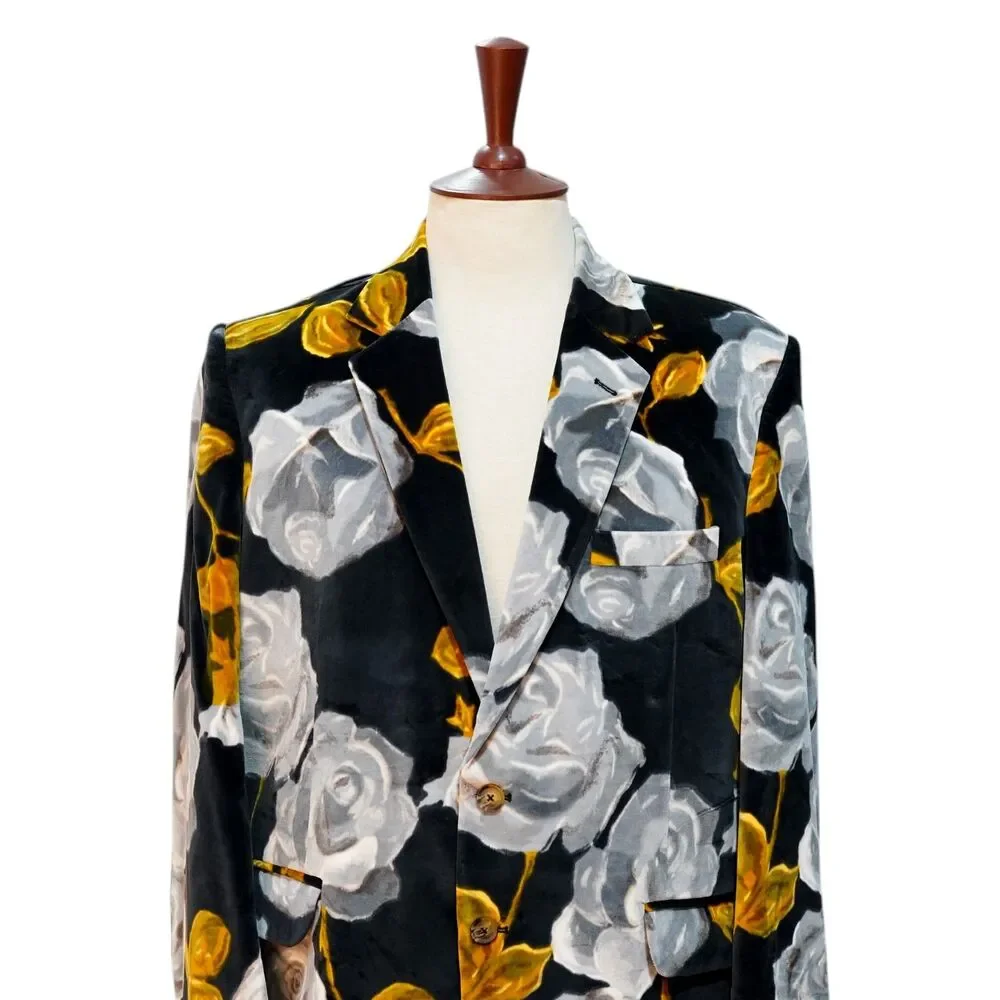 Mens Velvet Sport Coat 44R Black Gray Gold Rose Floral Blazer 2 Button Party